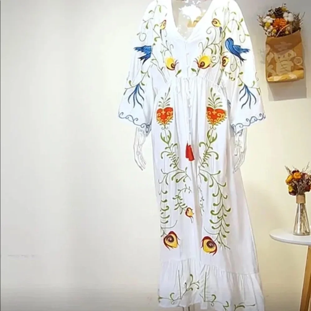 Boho Embroidered Hearts Floral Birds Long Maxi Kimono Dress - Picture 15 of 16